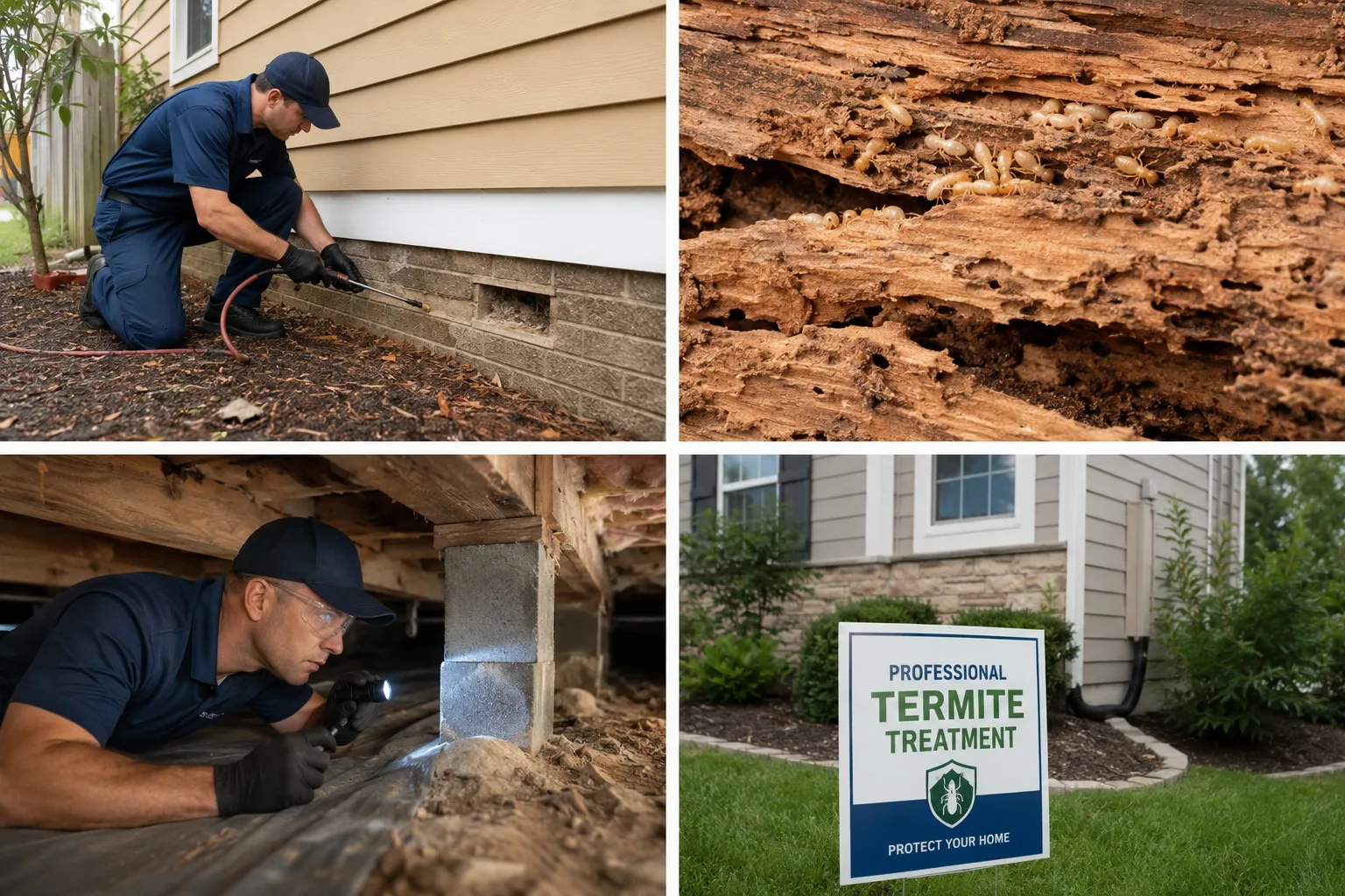 Illustrations of foundation treatment, termites in damaged wood, and a crawl-space inspection
